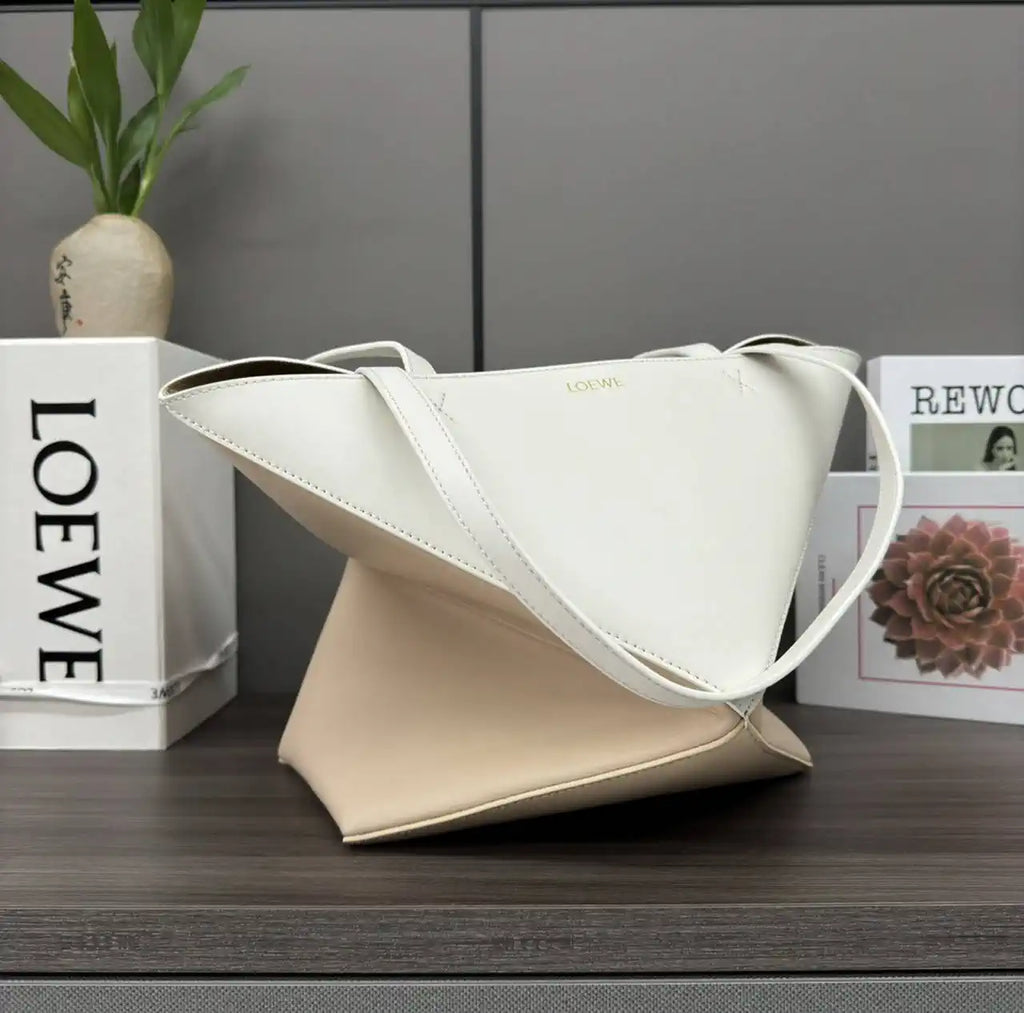 Loewe XL Puzzle Fold tote in shiny calfskin B933Q18X01 White Apricot