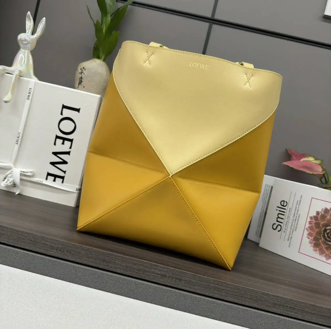 Loewe XL Puzzle Fold tote in shiny calfskin B933Q18X01 Apricot Yellow