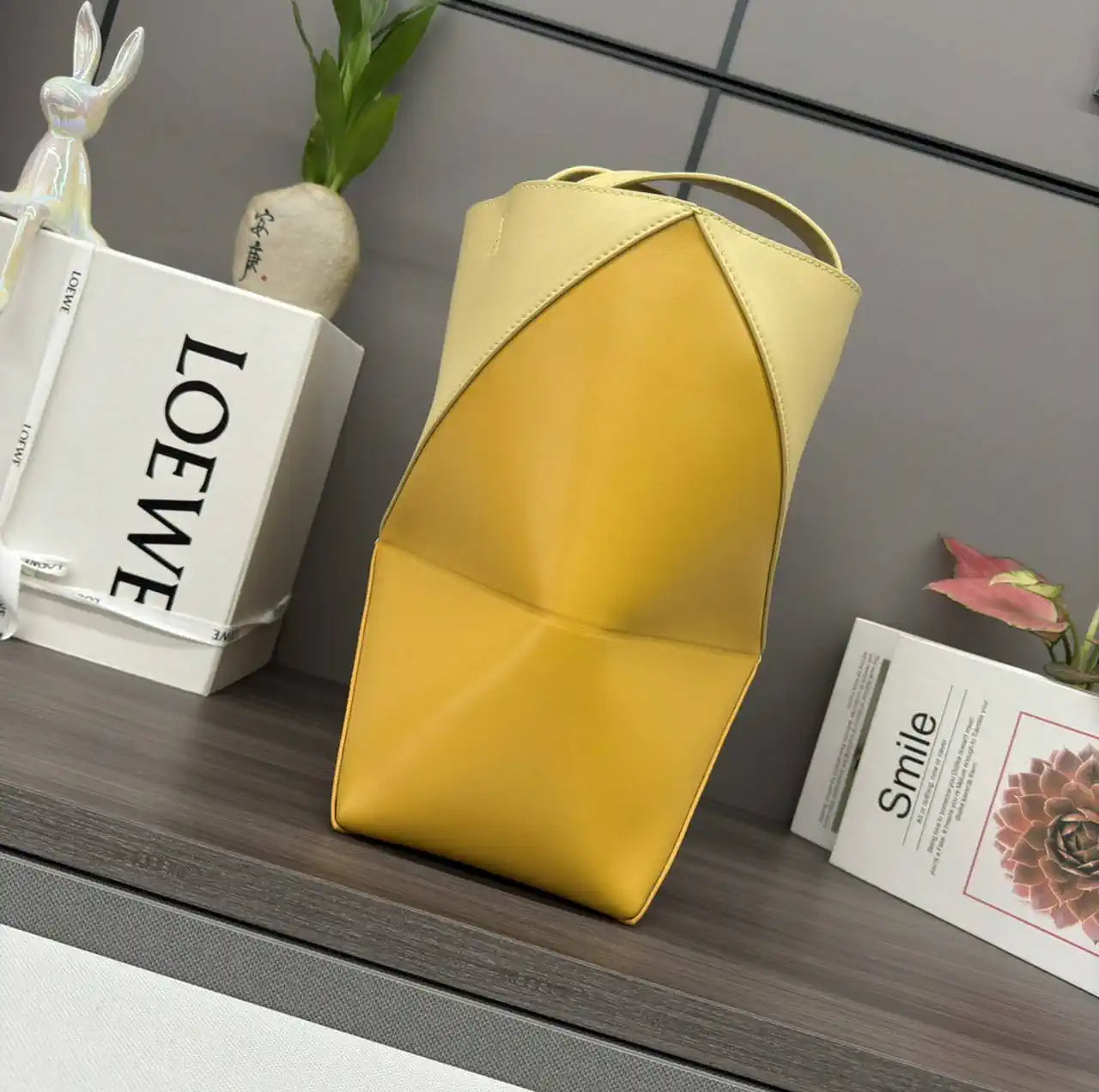 Loewe XL Puzzle Fold tote in shiny calfskin B933Q18X01 Apricot Yellow