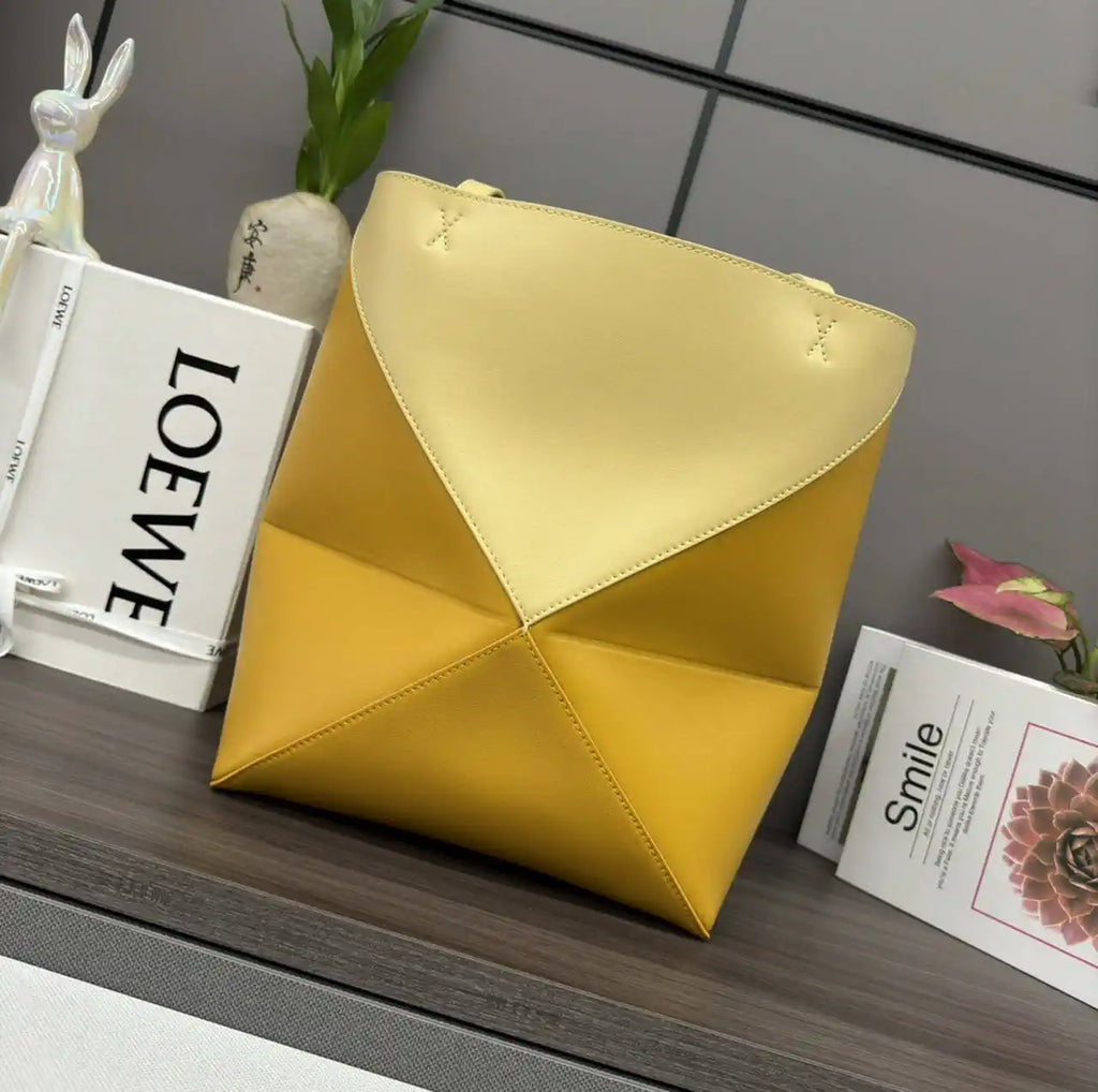 Loewe XL Puzzle Fold tote in shiny calfskin B933Q18X01 Apricot Yellow