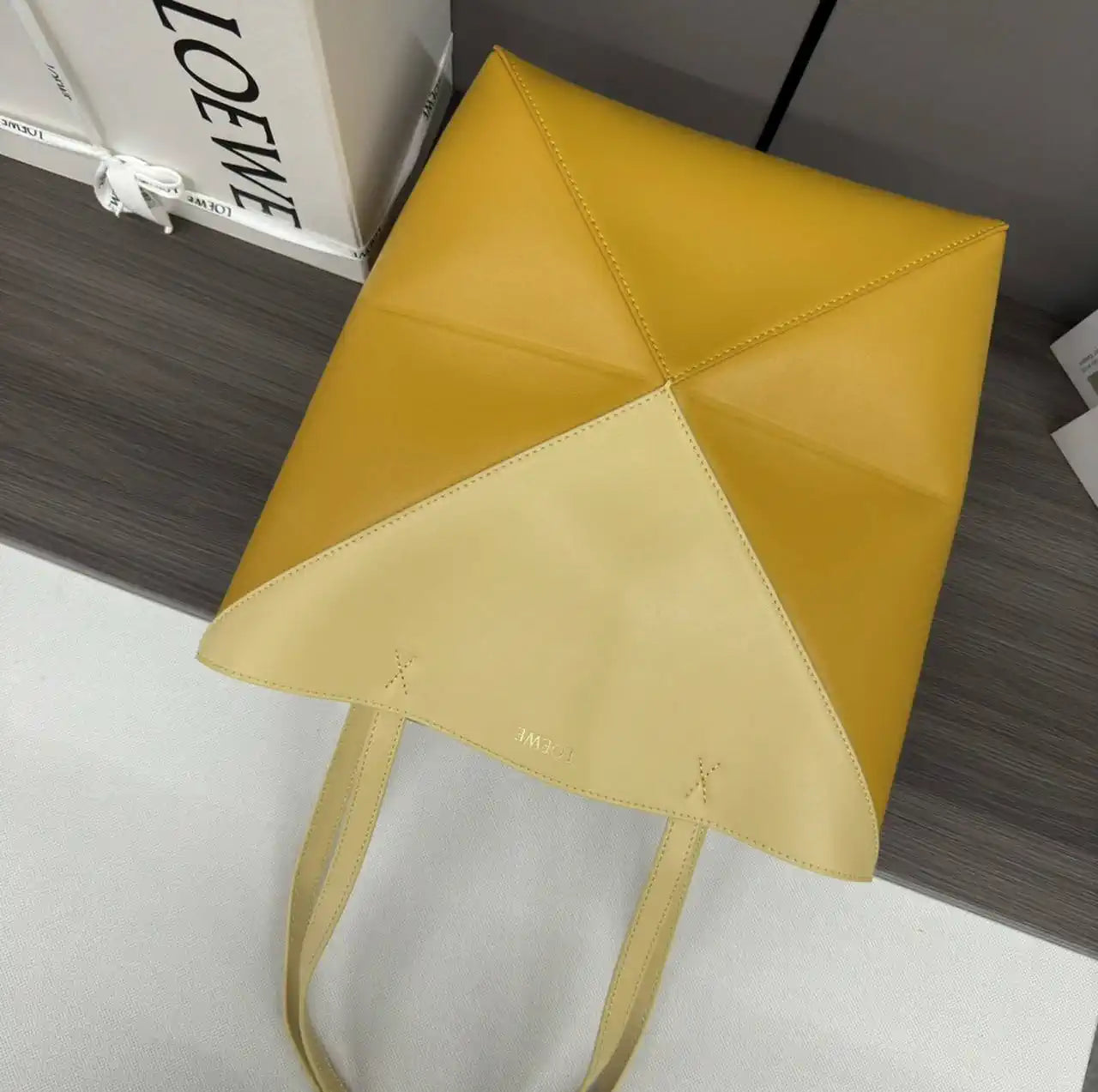 Loewe XL Puzzle Fold tote in shiny calfskin B933Q18X01 Apricot Yellow