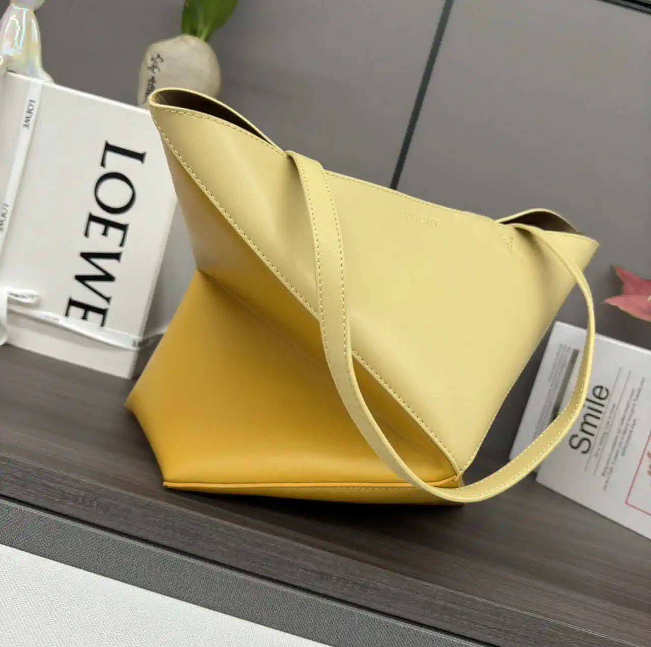 Loewe XL Puzzle Fold tote in shiny calfskin B933Q18X01 Apricot Yellow