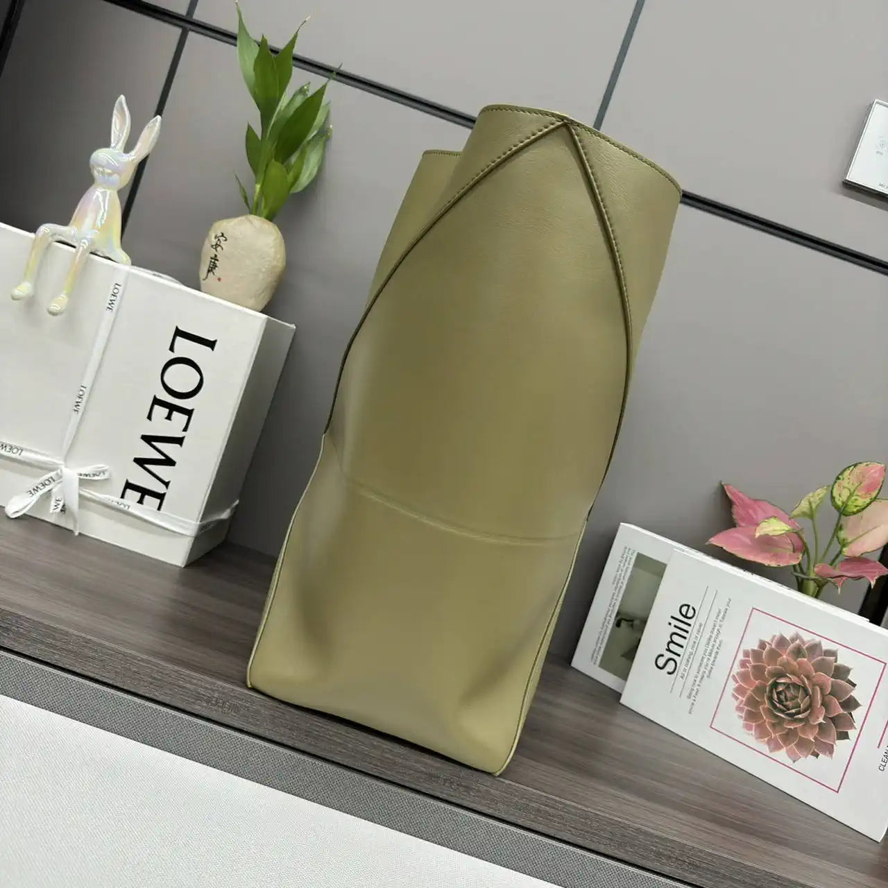 Loewe XL Puzzle Fold tote in shiny calfskin B933Q18X01 Lemon Green