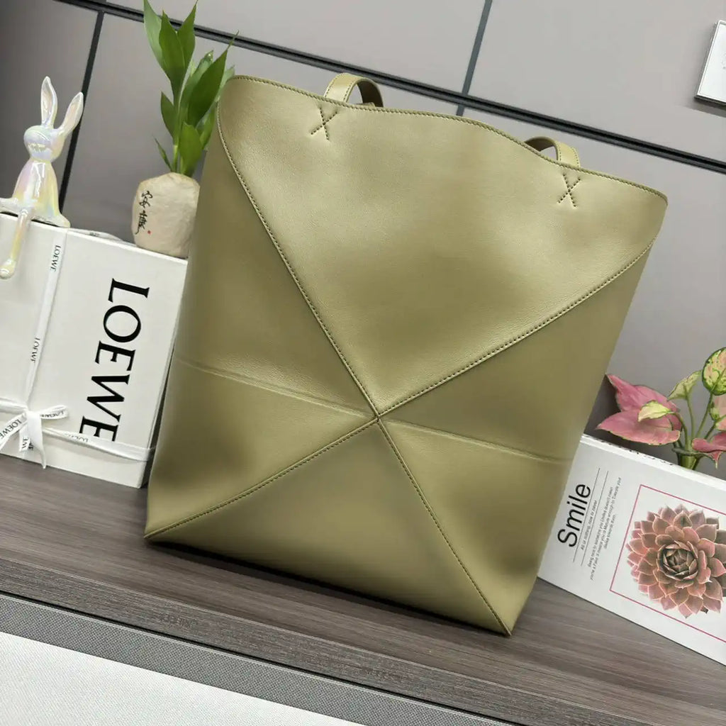 Loewe XL Puzzle Fold tote in shiny calfskin B933Q18X01 Lemon Green