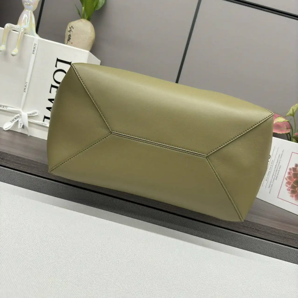 Loewe XL Puzzle Fold tote in shiny calfskin B933Q18X01 Lemon Green