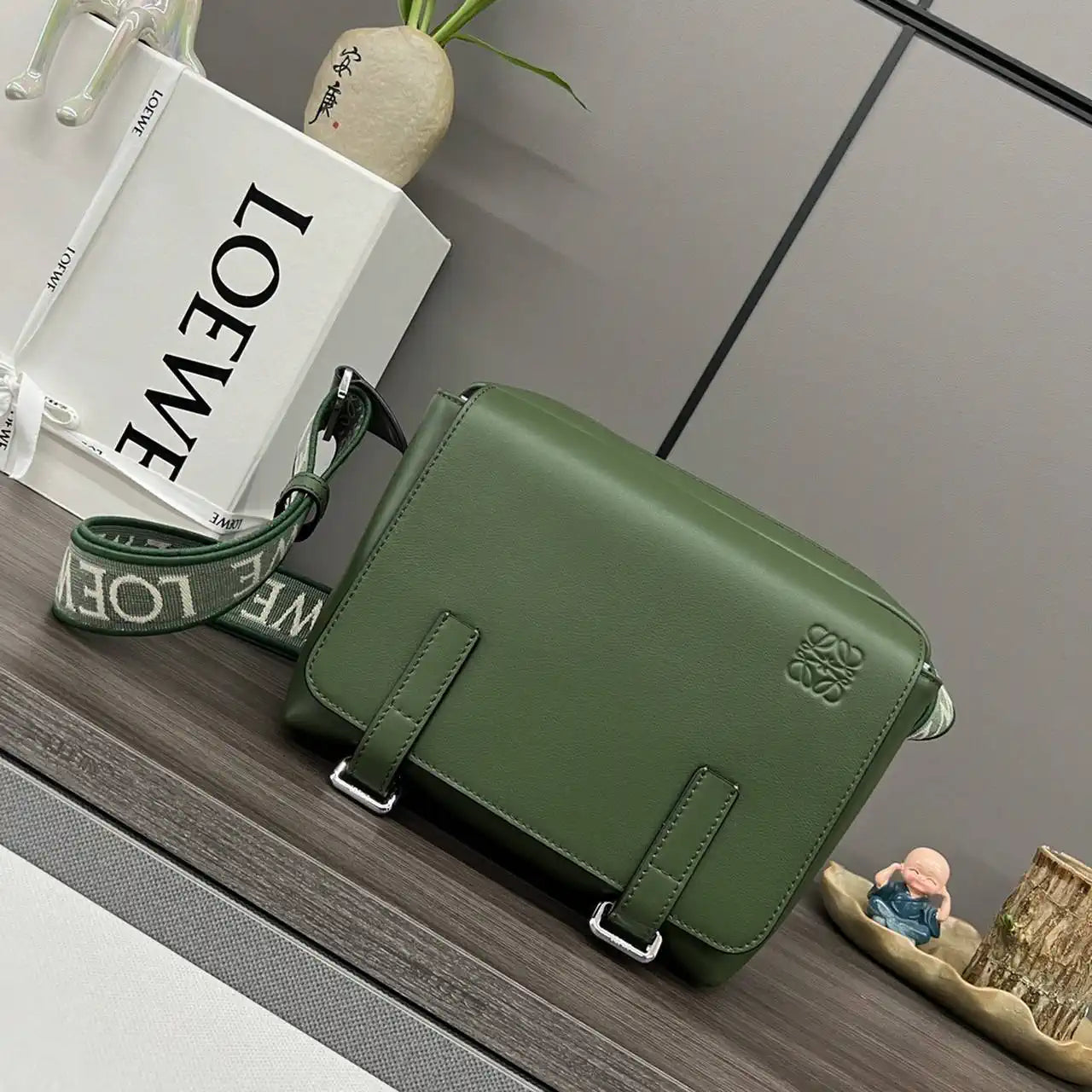 Loewe XS Military messenger bag in supple smooth calfskin and jacquard B553A72X27 Green