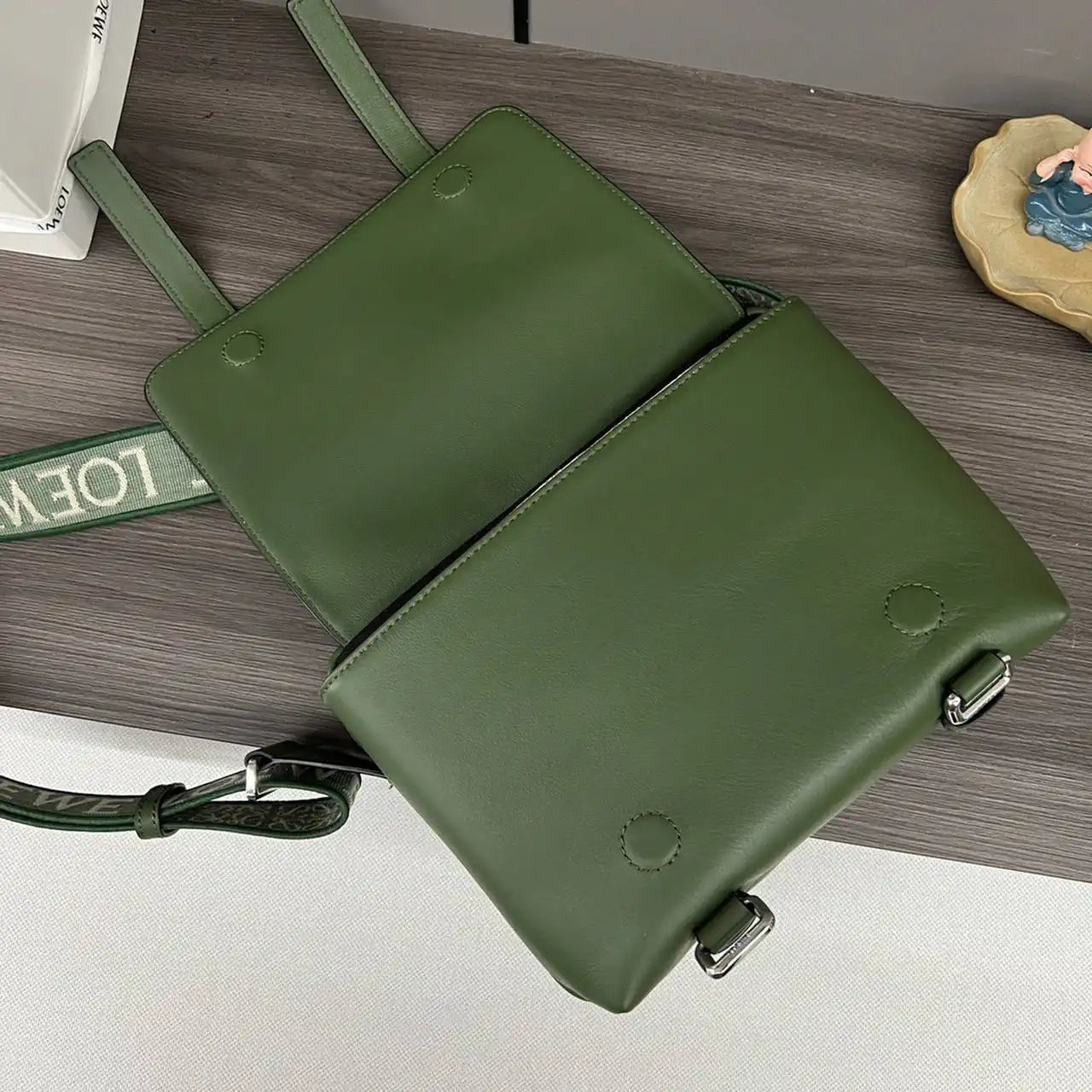 Loewe XS Military messenger bag in supple smooth calfskin and jacquard B553A72X27 Green
