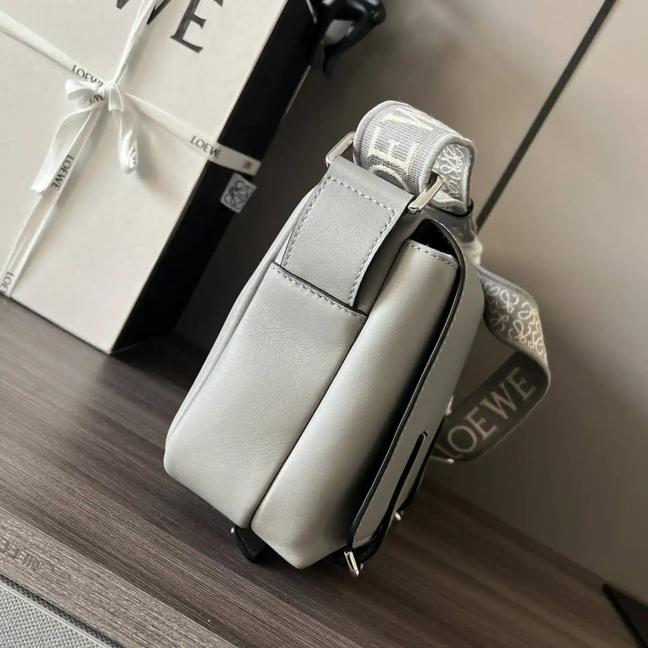 Loewe XS Military messenger bag in supple smooth calfskin and jacquard B553A72X27 Gray