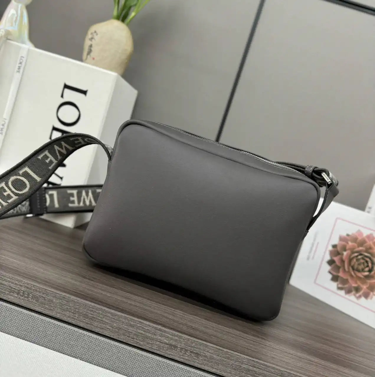 Loewe XS Military messenger bag in supple smooth calfskin and jacquard B553A72X27 Dark Gray