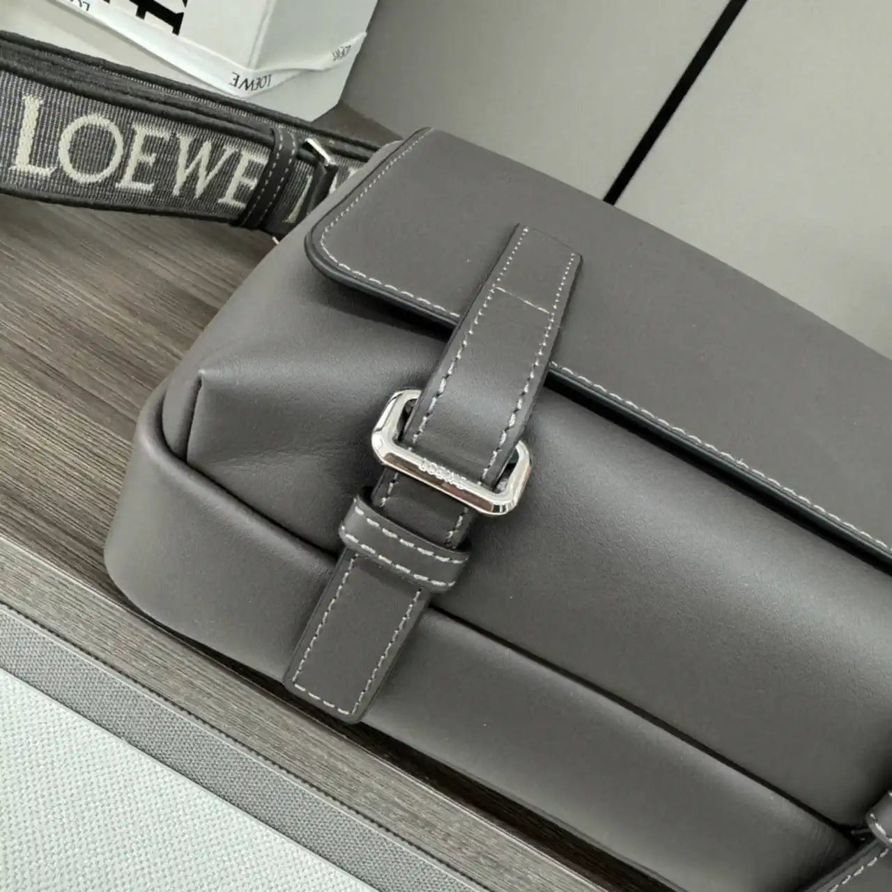 Loewe XS Military messenger bag in supple smooth calfskin and jacquard B553A72X27 Dark Gray