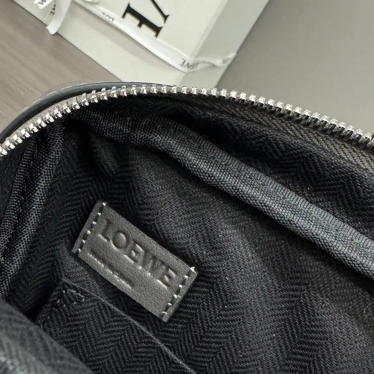 Loewe XS Military messenger bag in supple smooth calfskin and jacquard B553A72X27 Dark Gray