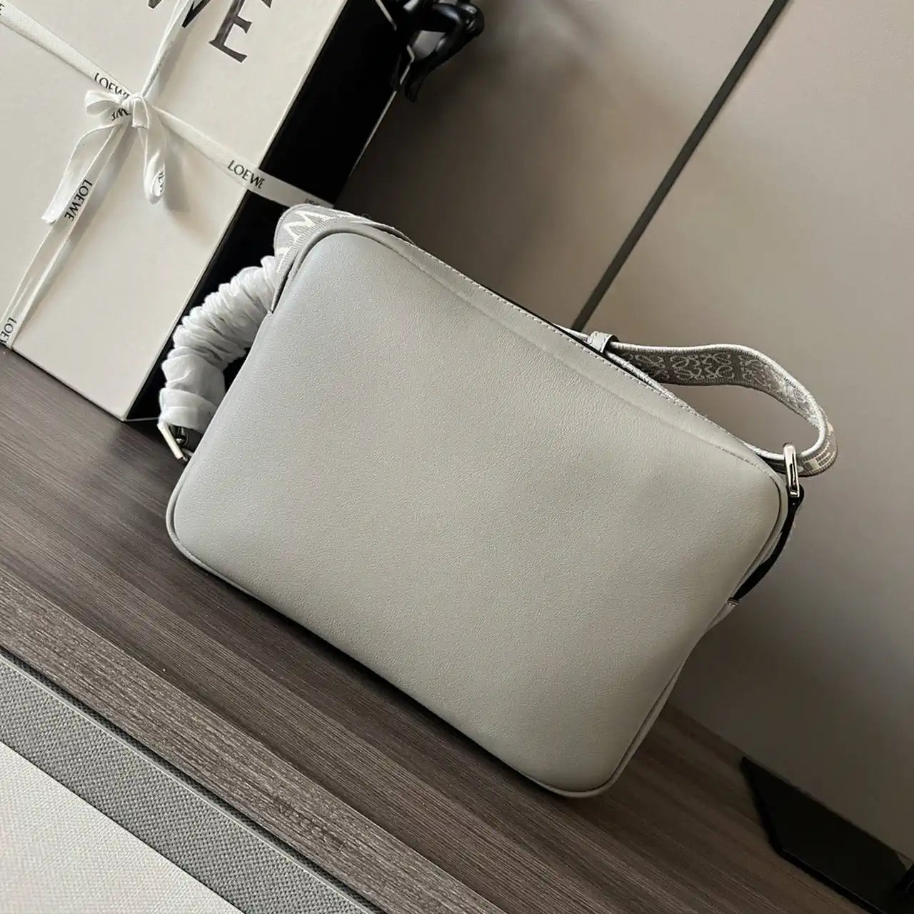 Loewe XS Military messenger bag in supple smooth calfskin and jacquard B553A72X27 Gray