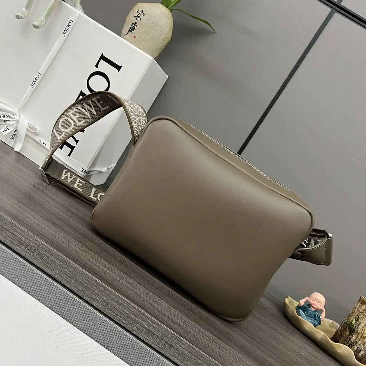 Loewe XS Military messenger bag in supple smooth calfskin and jacquard B553A72X27 Coffe