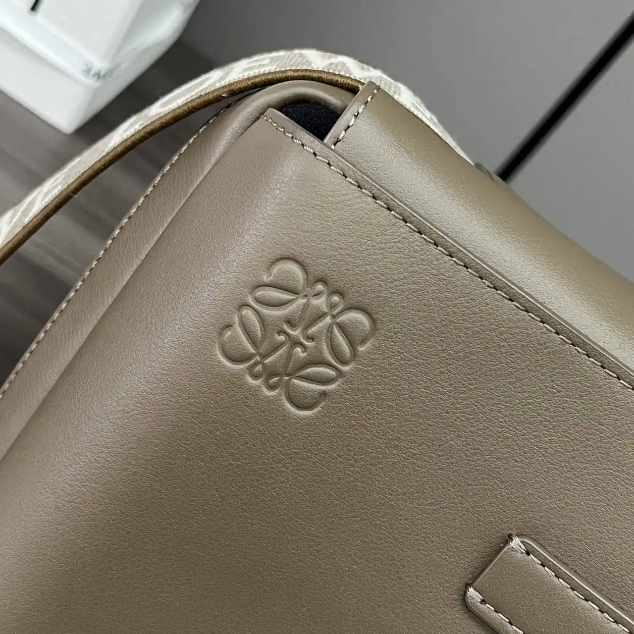 Loewe XS Military messenger bag in supple smooth calfskin and jacquard B553A72X27 Coffe