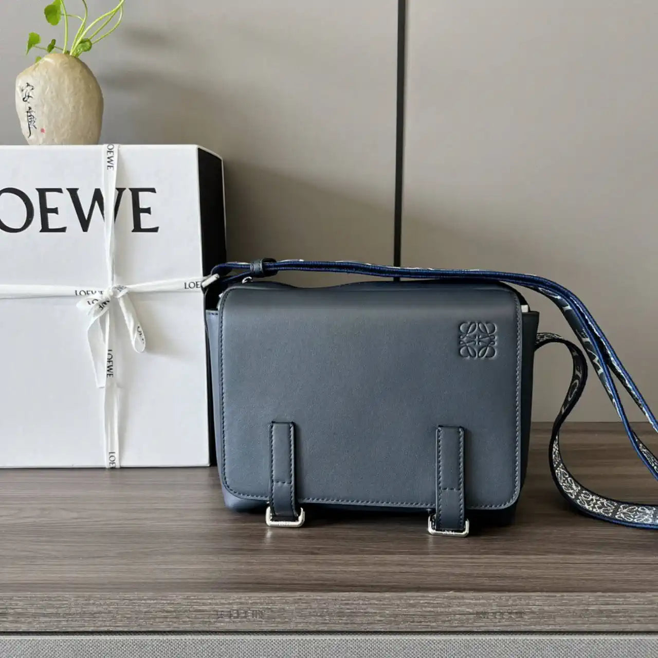 Loewe XS Military messenger bag in supple smooth calfskin and jacquard B553A72X27 Navy Blue