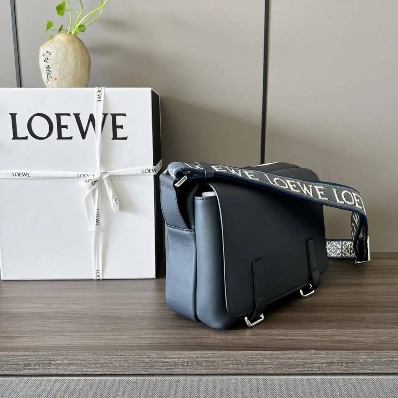 Loewe XS Military messenger bag in supple smooth calfskin and jacquard B553A72X27 Navy Blue