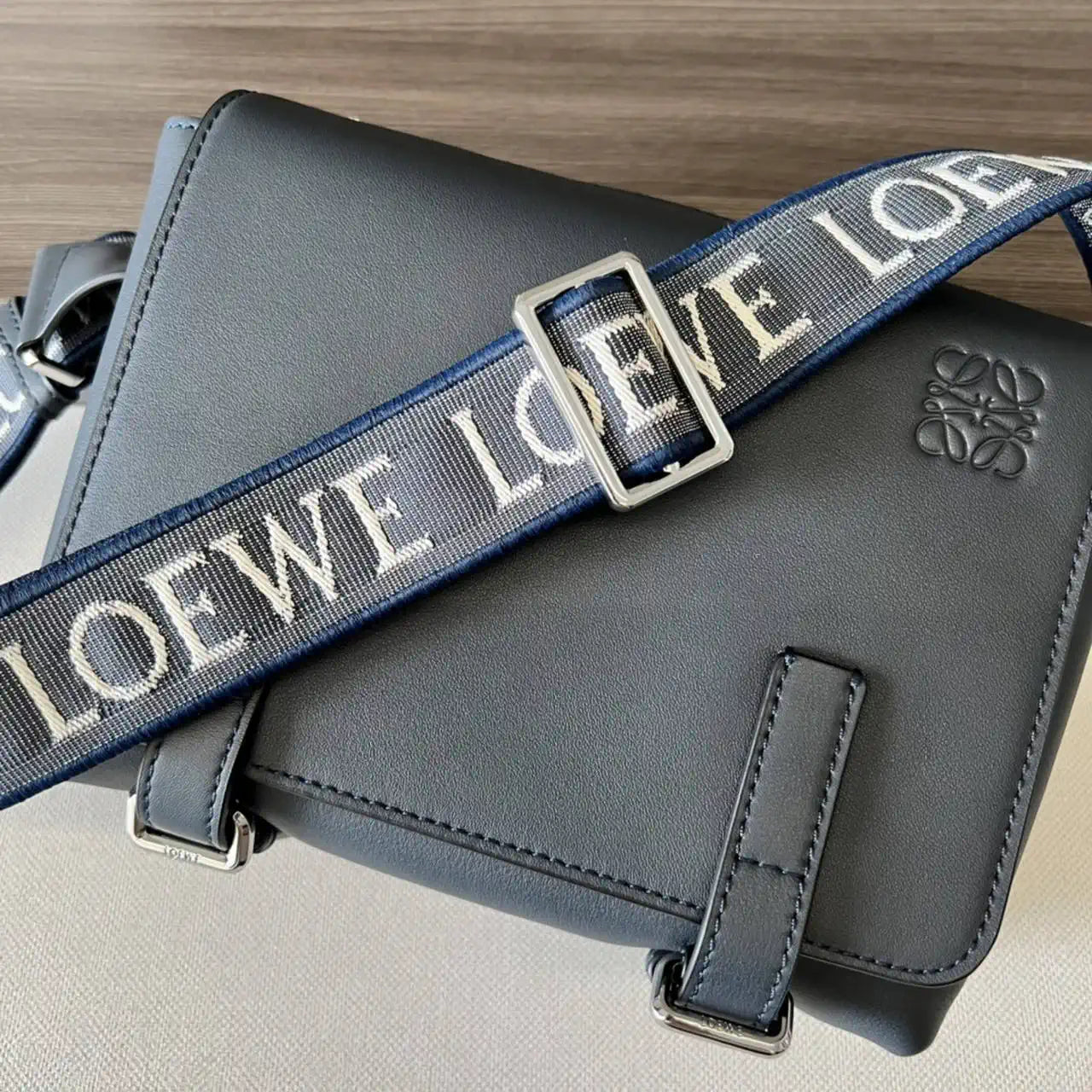Loewe XS Military messenger bag in supple smooth calfskin and jacquard B553A72X27 Navy Blue