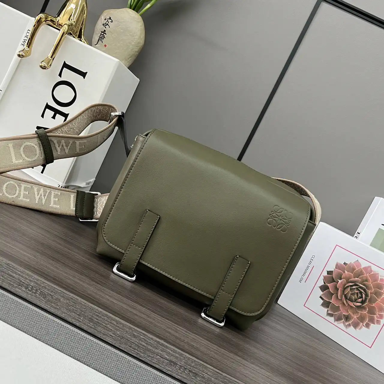 Loewe XS Military messenger bag in supple smooth calfskin and jacquard B553A72X27 Dark Green