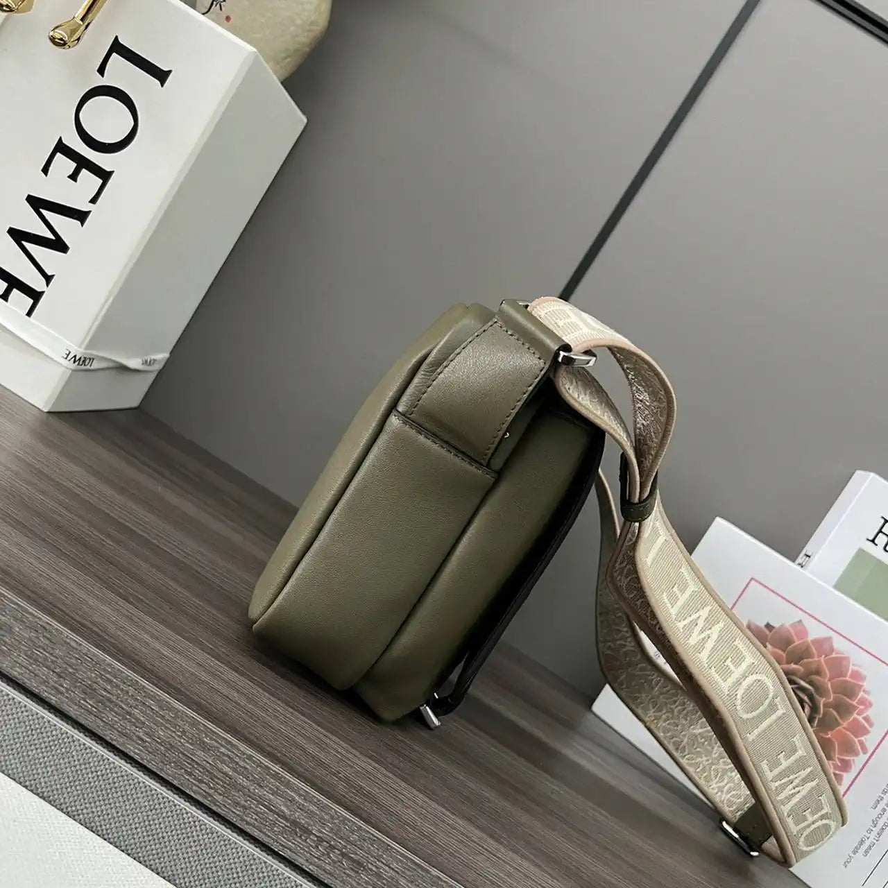Loewe XS Military messenger bag in supple smooth calfskin and jacquard B553A72X27 Dark Green