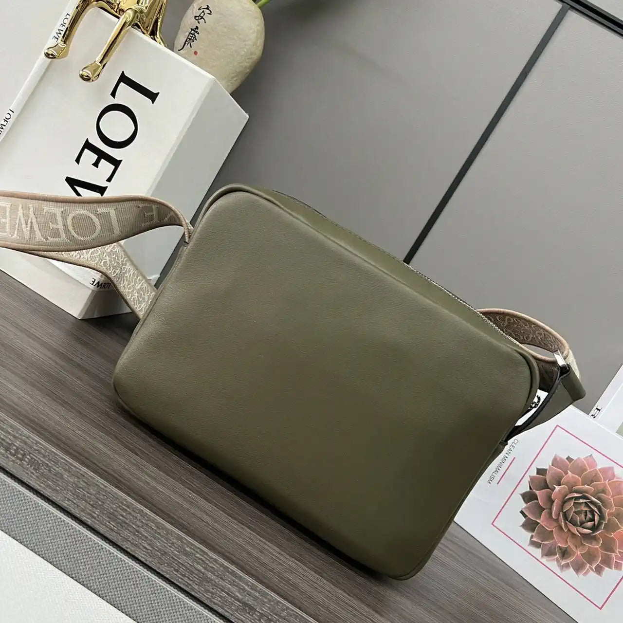 Loewe XS Military messenger bag in supple smooth calfskin and jacquard B553A72X27 Dark Green