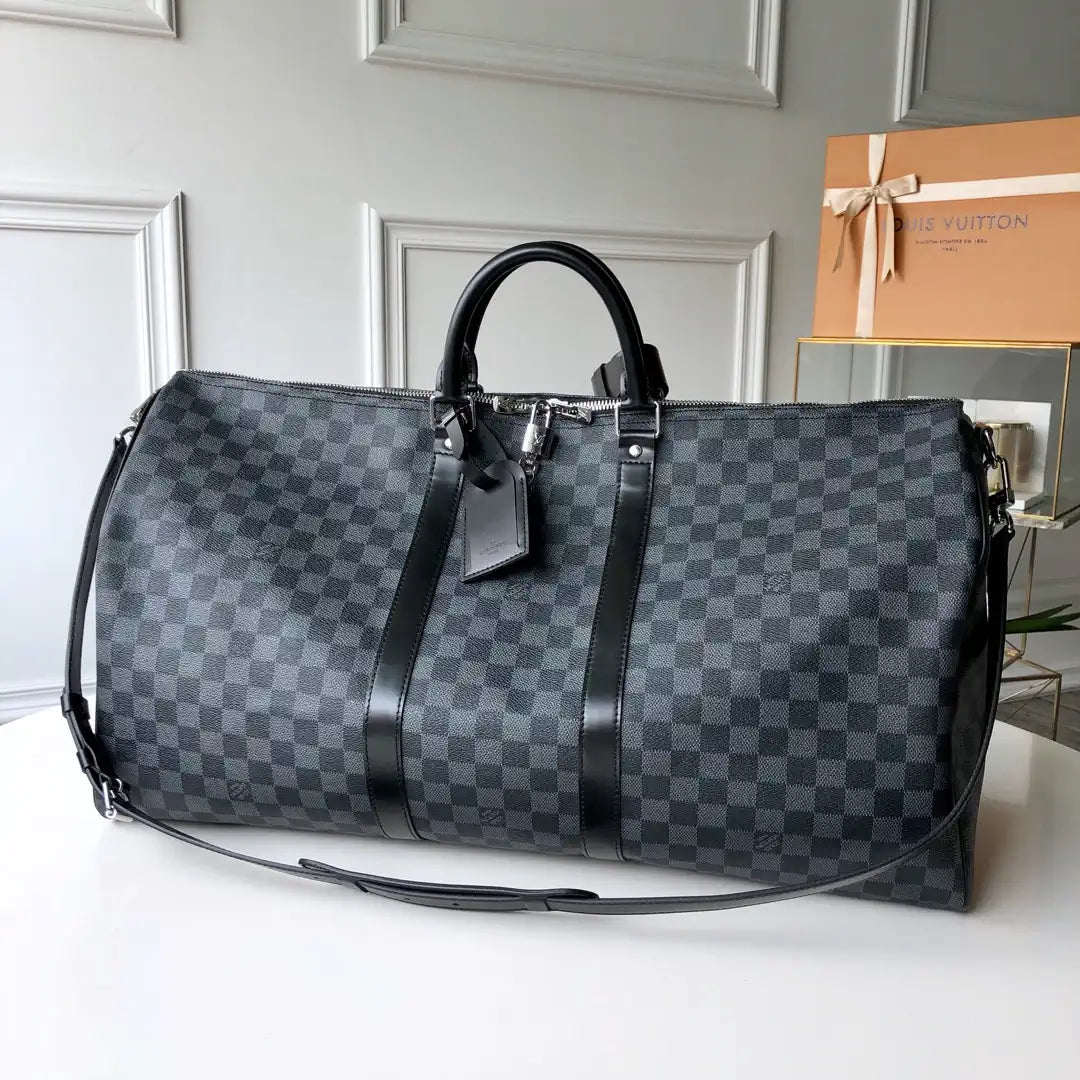 Louis Vuitton Keepall Bandouliere 55 Travel Bag LV N41413 Damier Graphite Canvas