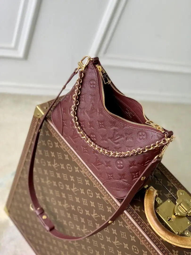 Louis Vuitton LV M25827 Boulogne PM Bag Monogram Empreinte Leather Wine Red