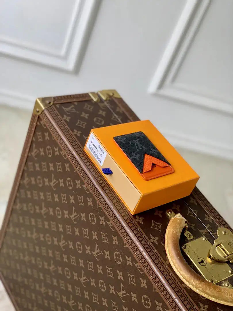 Louis Vuitton LV M26028 Magnetic Card Holder Black Monogram Orange