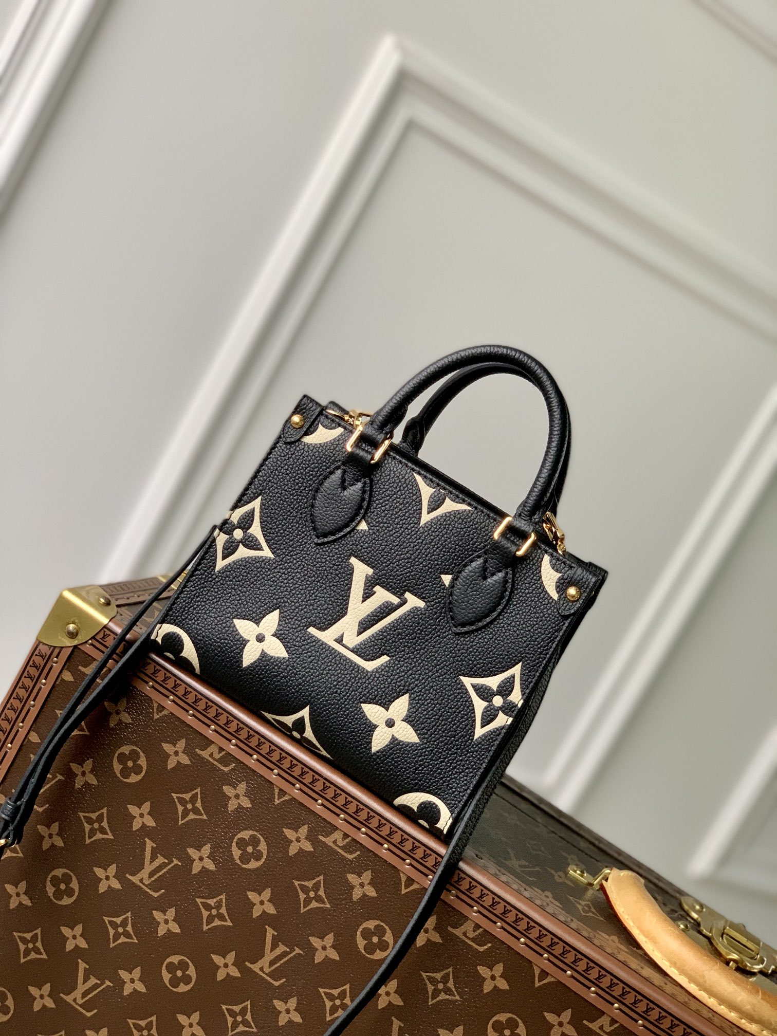 Louis Vuitton LV M47054 OnTheGo BB Handbag Bicolor Monogram Empreinte Leather Black
