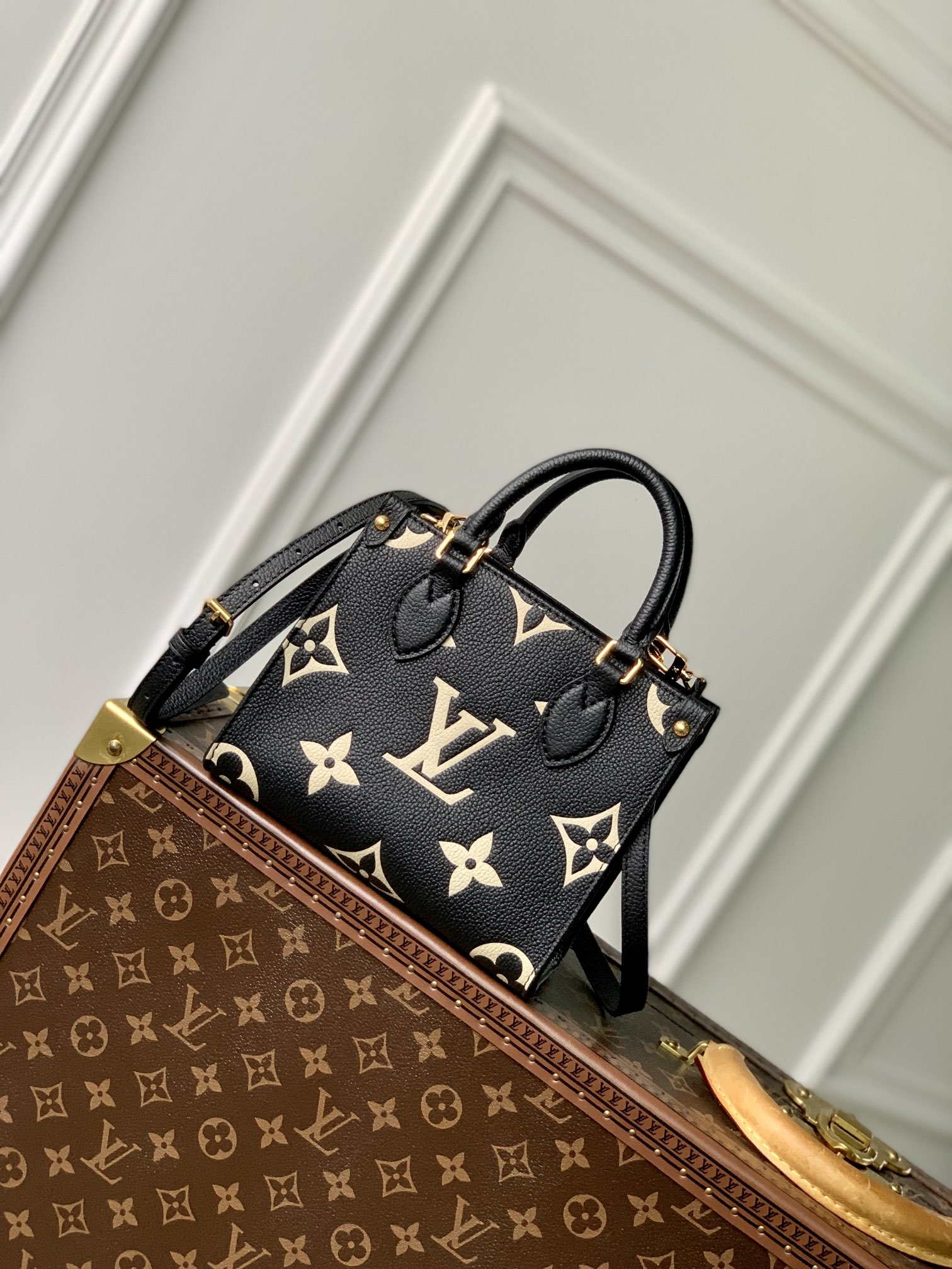 Louis Vuitton LV M47054 OnTheGo BB Handbag Bicolor Monogram Empreinte Leather Black