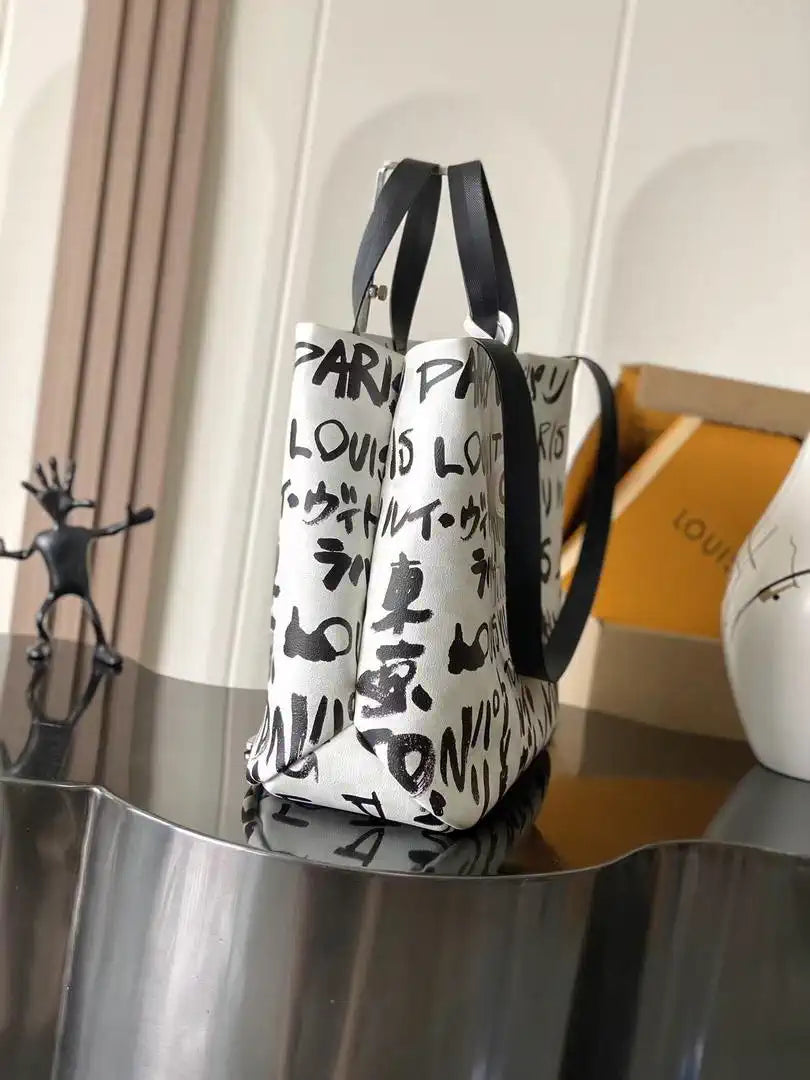 Louis Vuitton Shopper Tote MM Bag LV N40797 Other leathers White Black