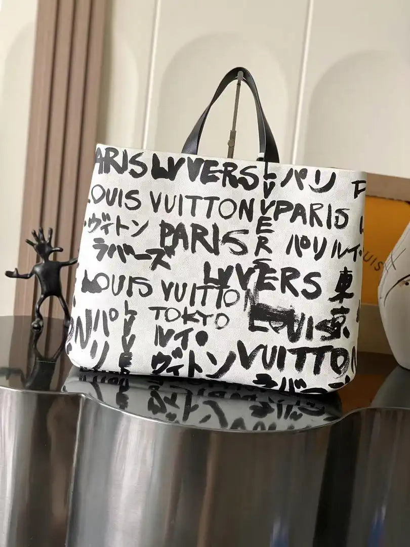 Louis Vuitton Shopper Tote MM Bag LV N40797 Other leathers White Black