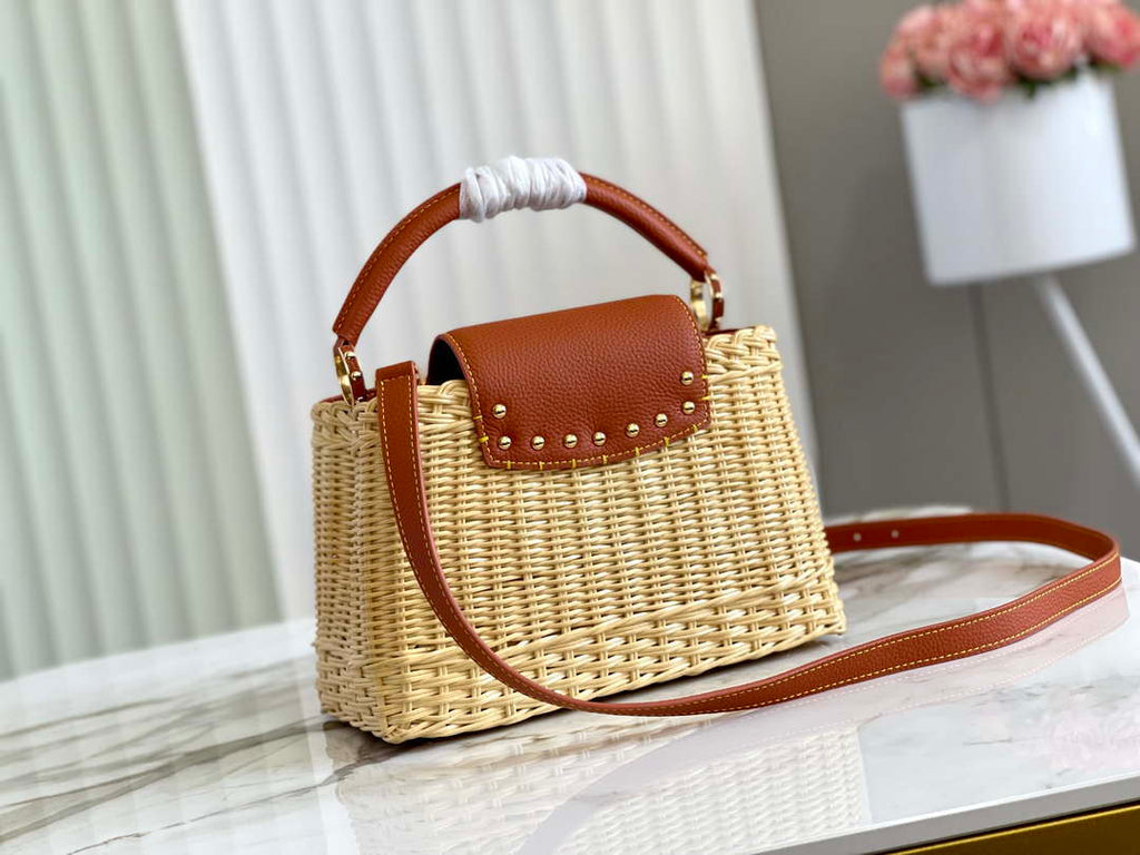 LV M11617 Louis Vuitton Capucines BB Handbag Straw Leather Beige Tan