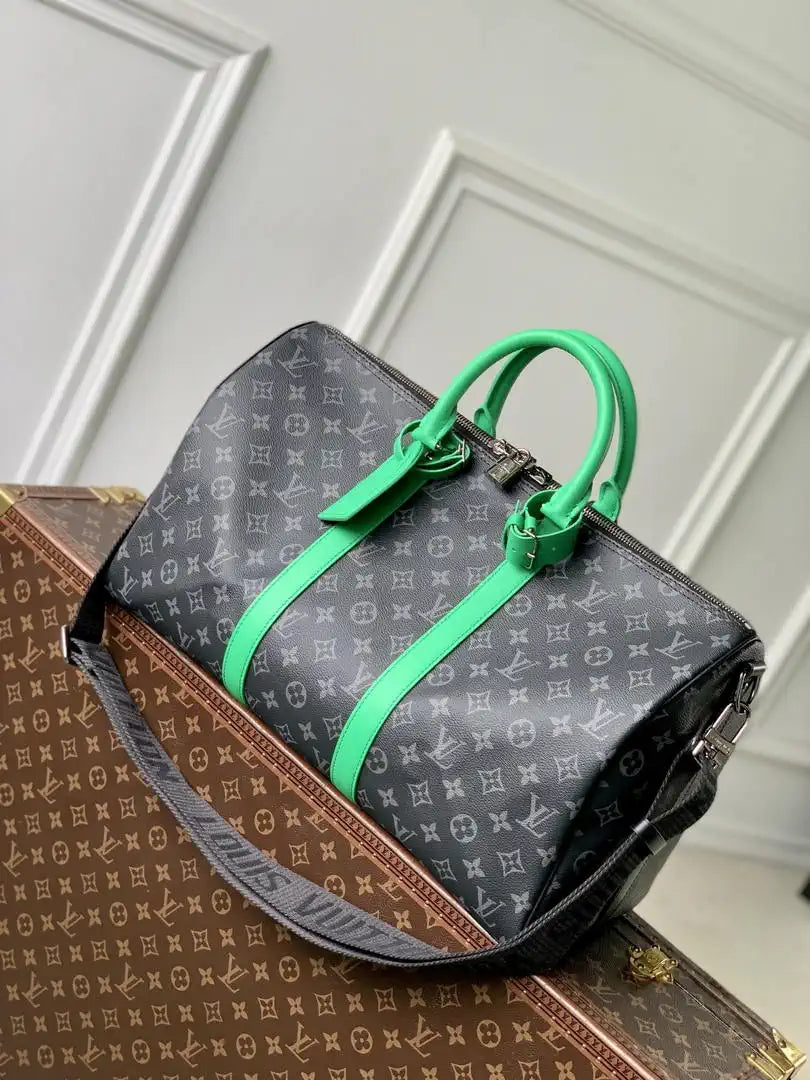 LV M26434 Louis Vuitton Keepall Bandouliere 45 Travel Bag Monogram Eclipse Green