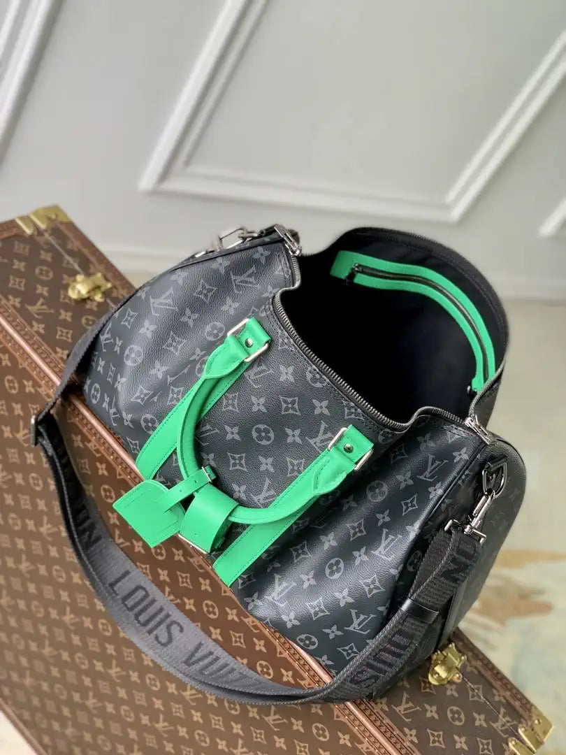LV M26434 Louis Vuitton Keepall Bandouliere 45 Travel Bag Monogram Eclipse Green