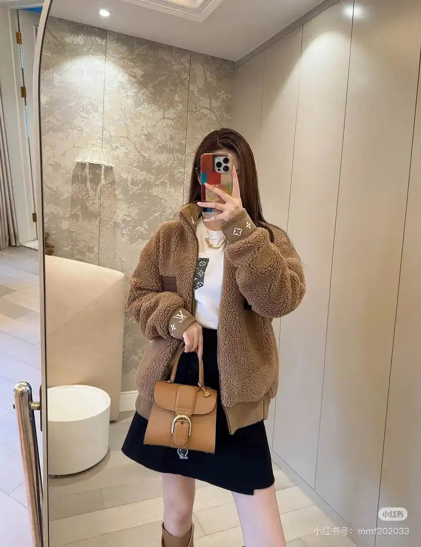 LV Coat Louis Vuitton Women Lambswool zipper Jacket L55802