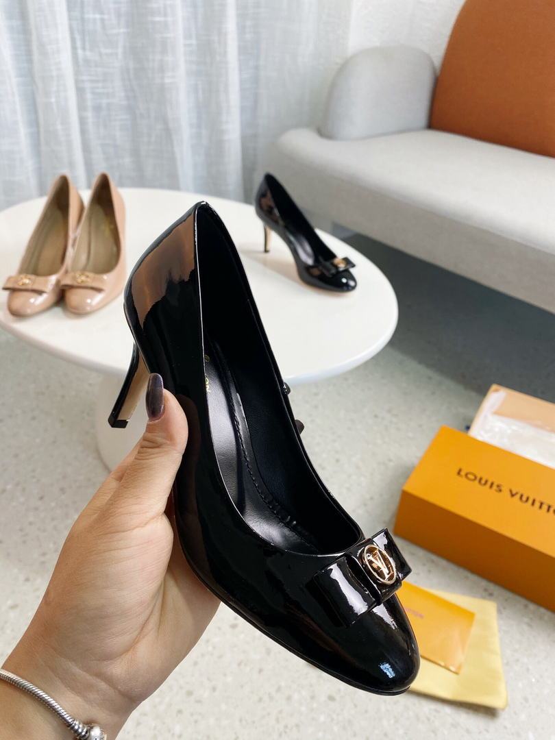 LV Loafers Designer Louis Vuitton Round Toe High Heels 81105 Black - luxibagsmall