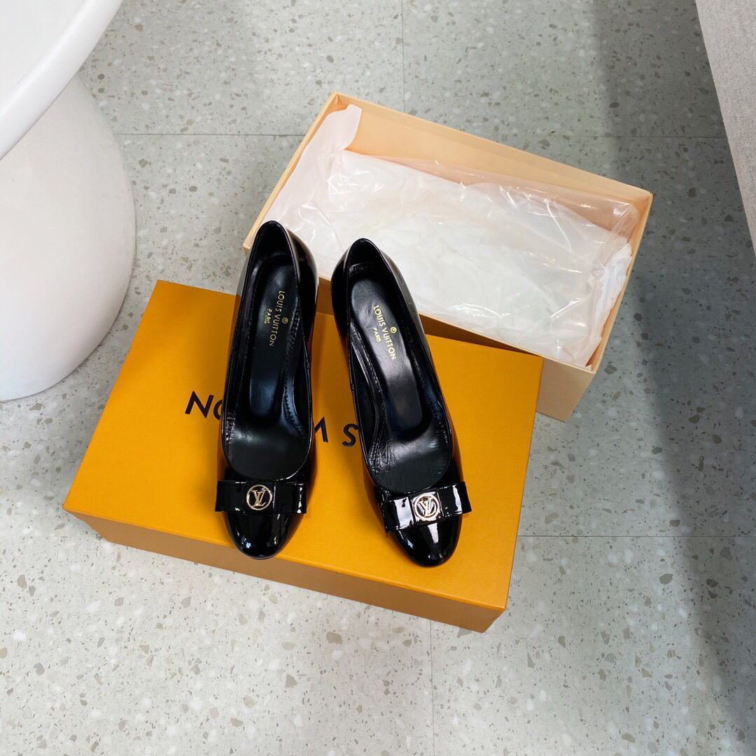 LV Loafers Designer Louis Vuitton Round Toe High Heels 81105 Black - luxibagsmall