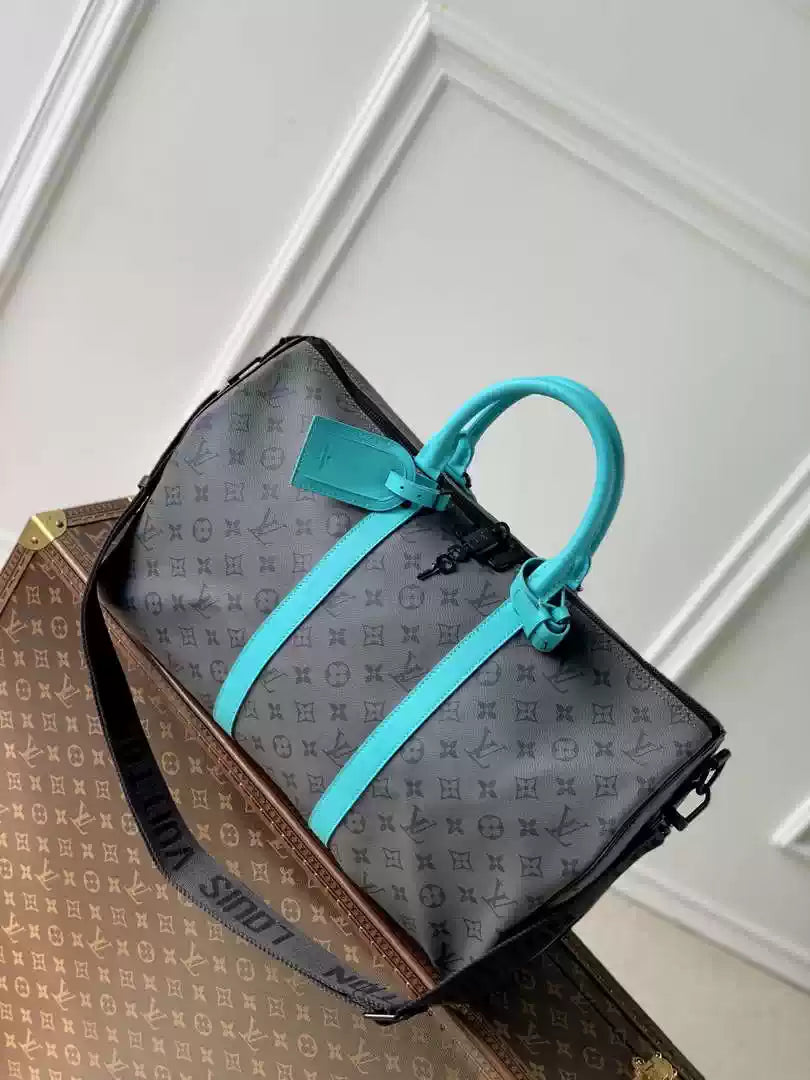 LV M11481 Louis Vuitton Keepall Bandouliere 45 Travel Bag Monogram Eclipse Reverse Blue