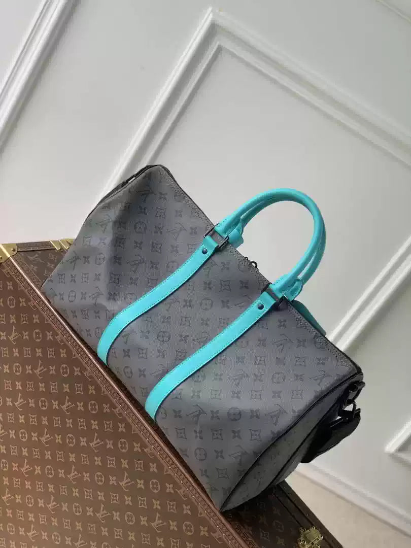 LV M11481 Louis Vuitton Keepall Bandouliere 45 Travel Bag Monogram Eclipse Reverse Blue
