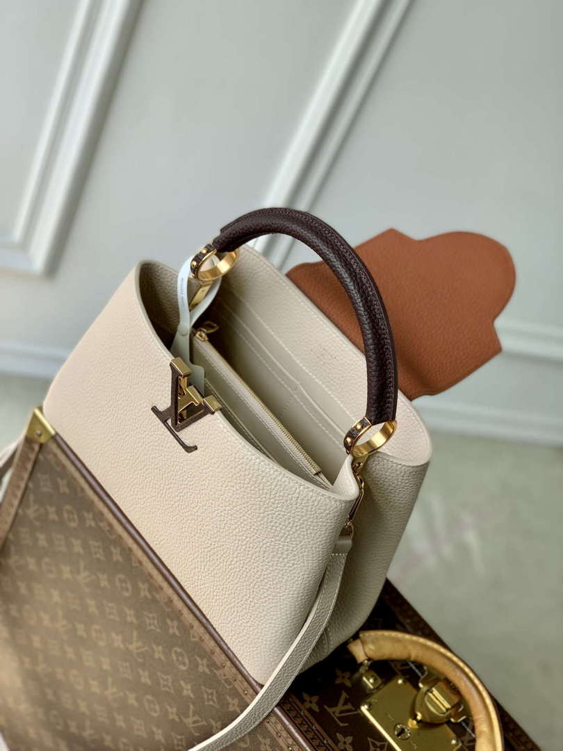LV M12956 Louis Vuitton Capucines MM Bag Taurillon leather Galet Gray