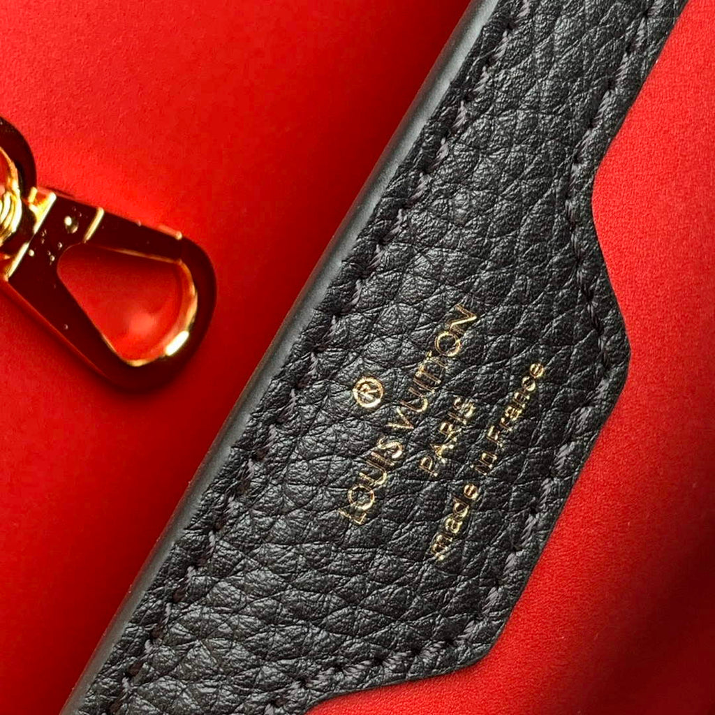 LV M21043 Louis Vuitton Capucines BB Handbag Black / Greige Doux / Scarlet