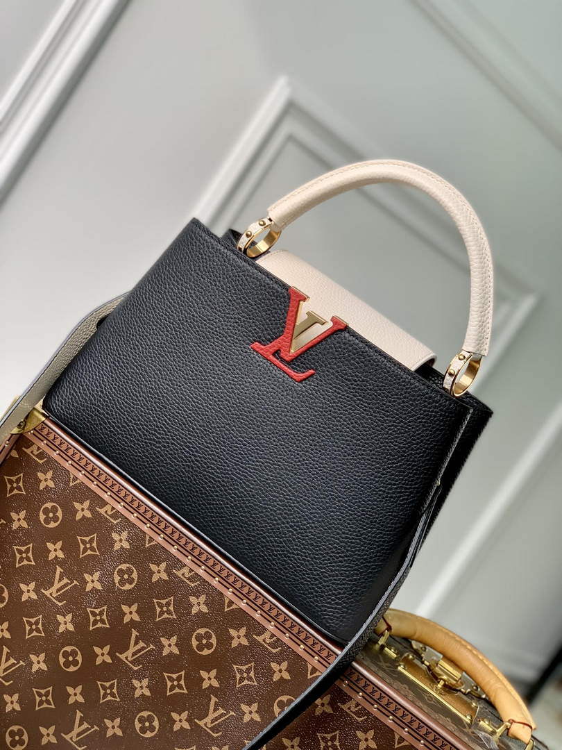 LV M21043 Louis Vuitton Capucines MM Handbag Black / Greige Doux / Scarlet - Default Title - View 1
