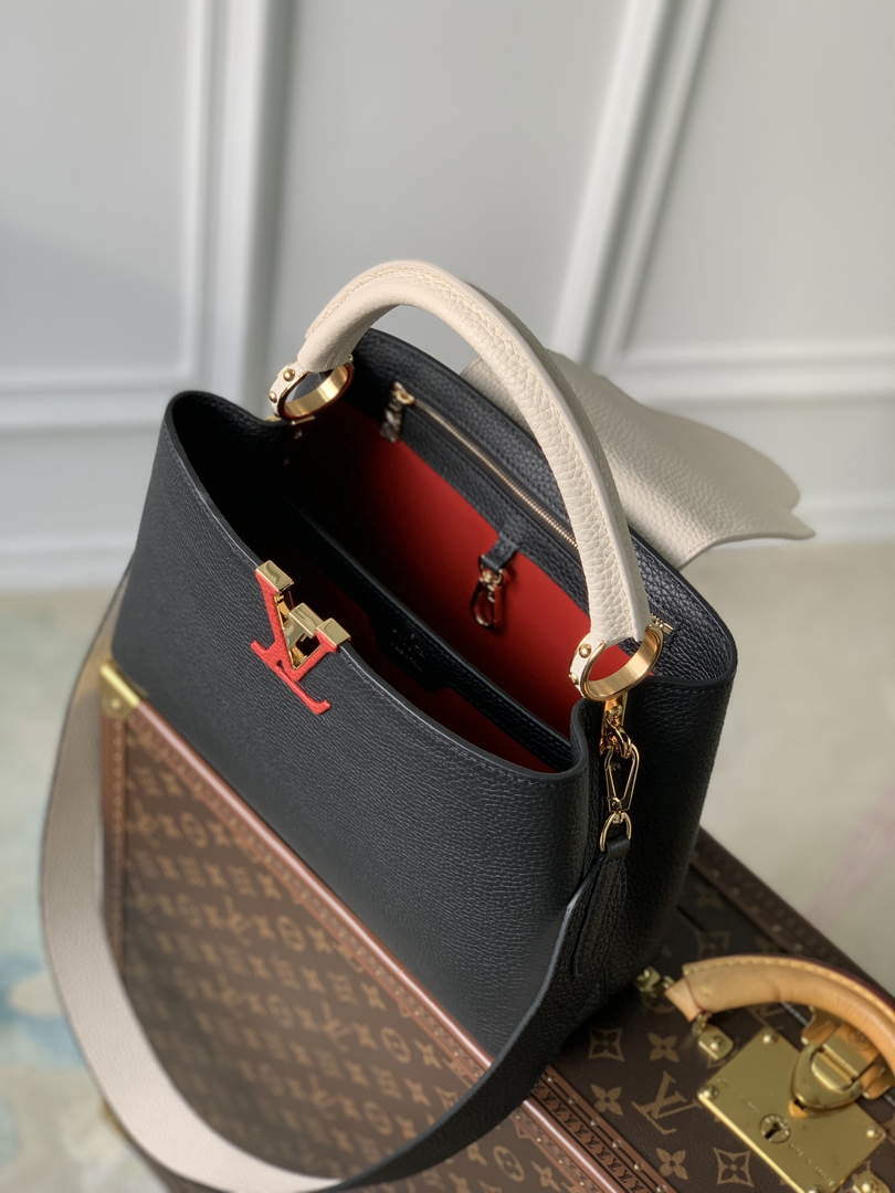 LV M21043 Louis Vuitton Capucines MM Handbag Black / Greige Doux / Scarlet - Default Title - View 8