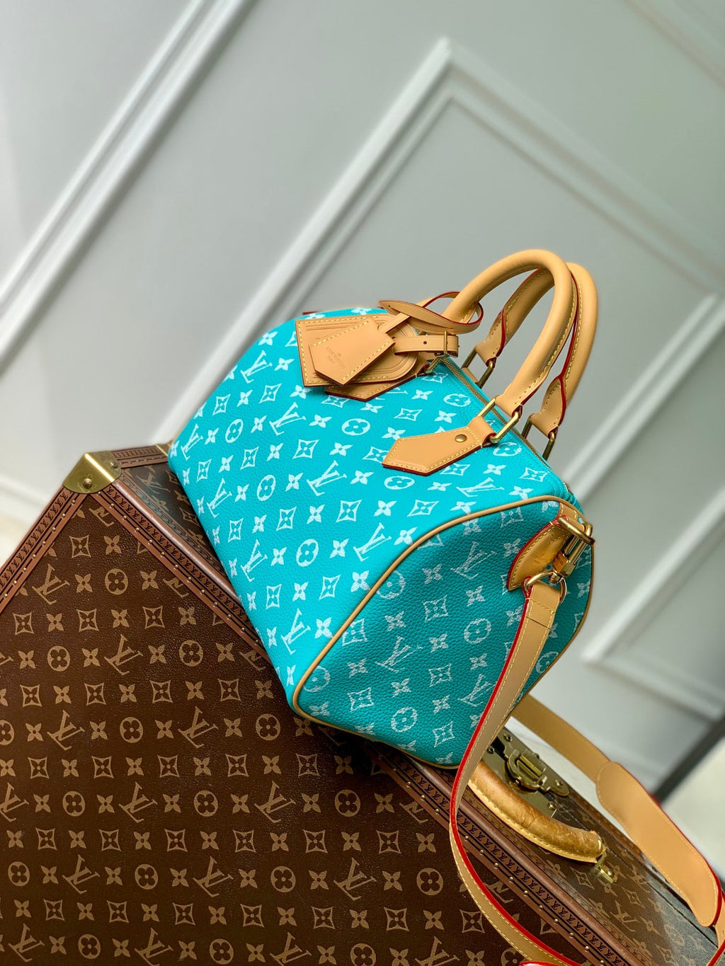 LV M21108 Louis Vuitton Speedy P9 Bandouliere 30 Bag Monogram Leather Fluorescent Lake Blue