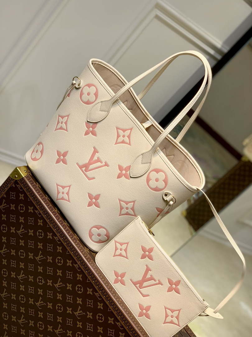 LV M21579 Louis Vuitton Neverfull MM Tote Bag M46649 Monogram Empreinte Leather Cream Pink - Default Title - View 1