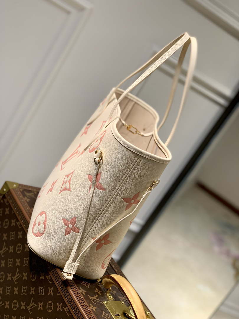 LV M21579 Louis Vuitton Neverfull MM Tote Bag M46649 Monogram Empreinte Leather Cream Pink