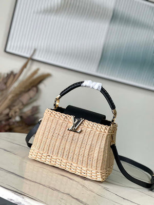 LV M48865 Louis Vuitton Capucines BB Handbag Straw Leather Beige Black - Default Title - View 1