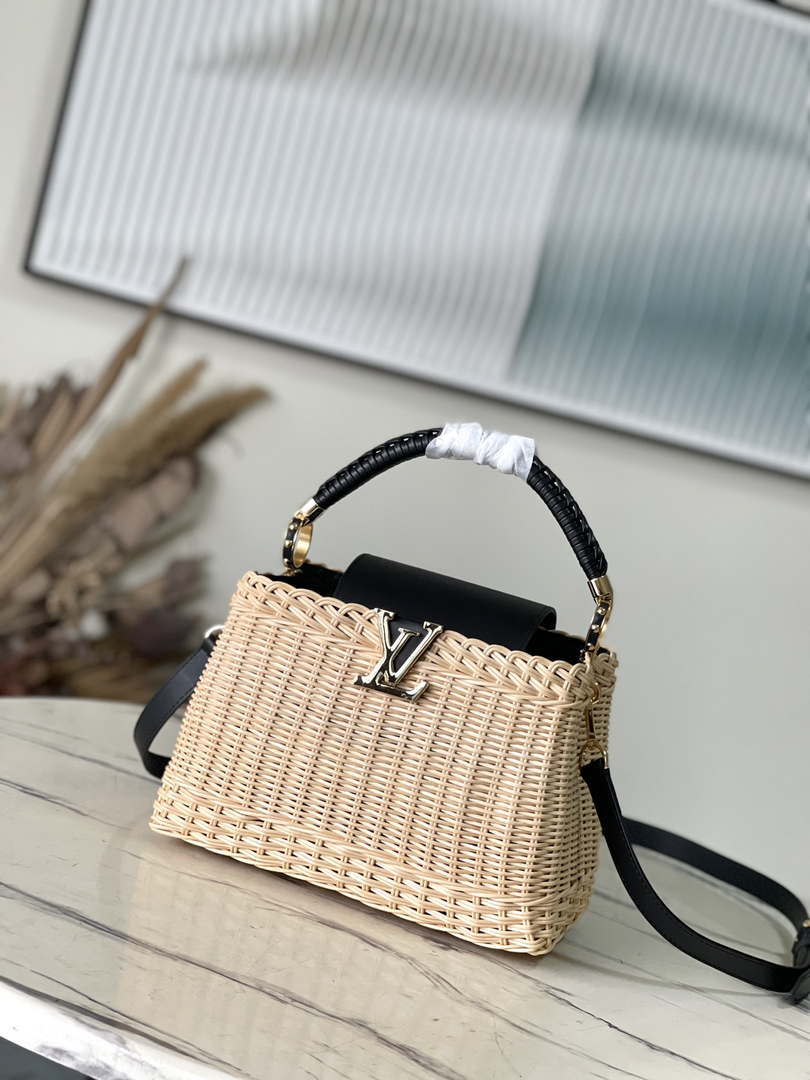 LV M48865 Louis Vuitton Capucines BB Handbag Straw Leather Beige Black - Default Title - View 1
