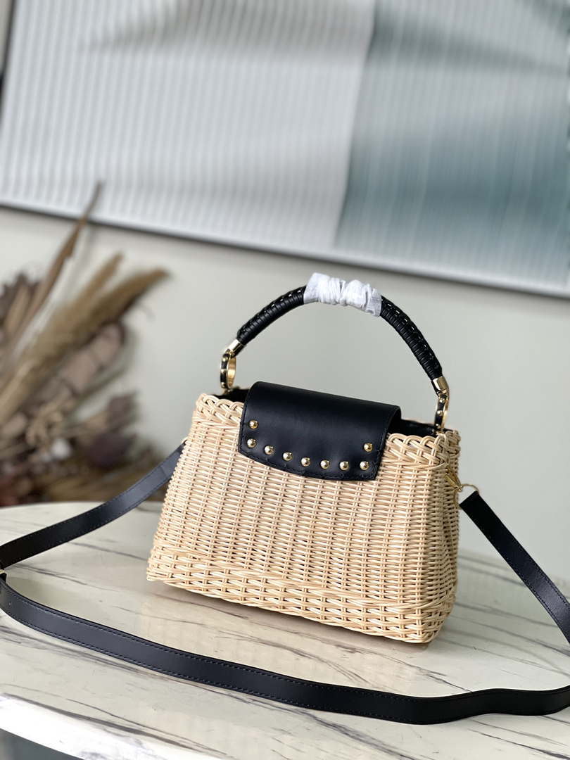 LV M48865 Louis Vuitton Capucines BB Handbag Straw Leather Beige Black - Default Title - View 3