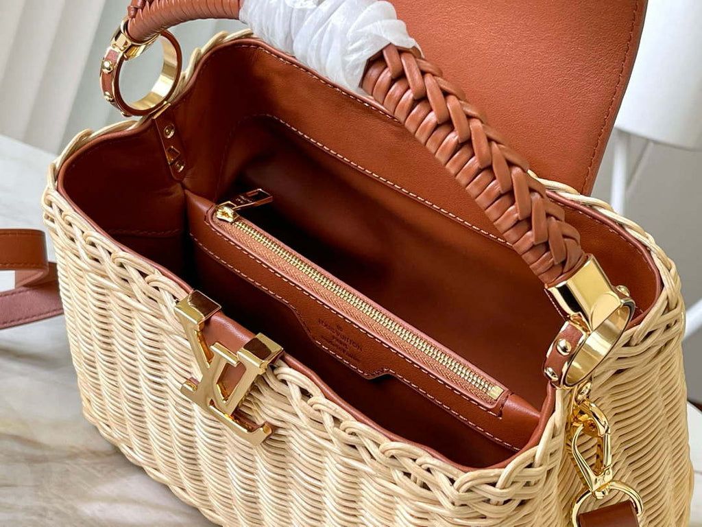 LV M22173 Louis Vuitton Capucines BB Handbag Straw Leather Beige Tan